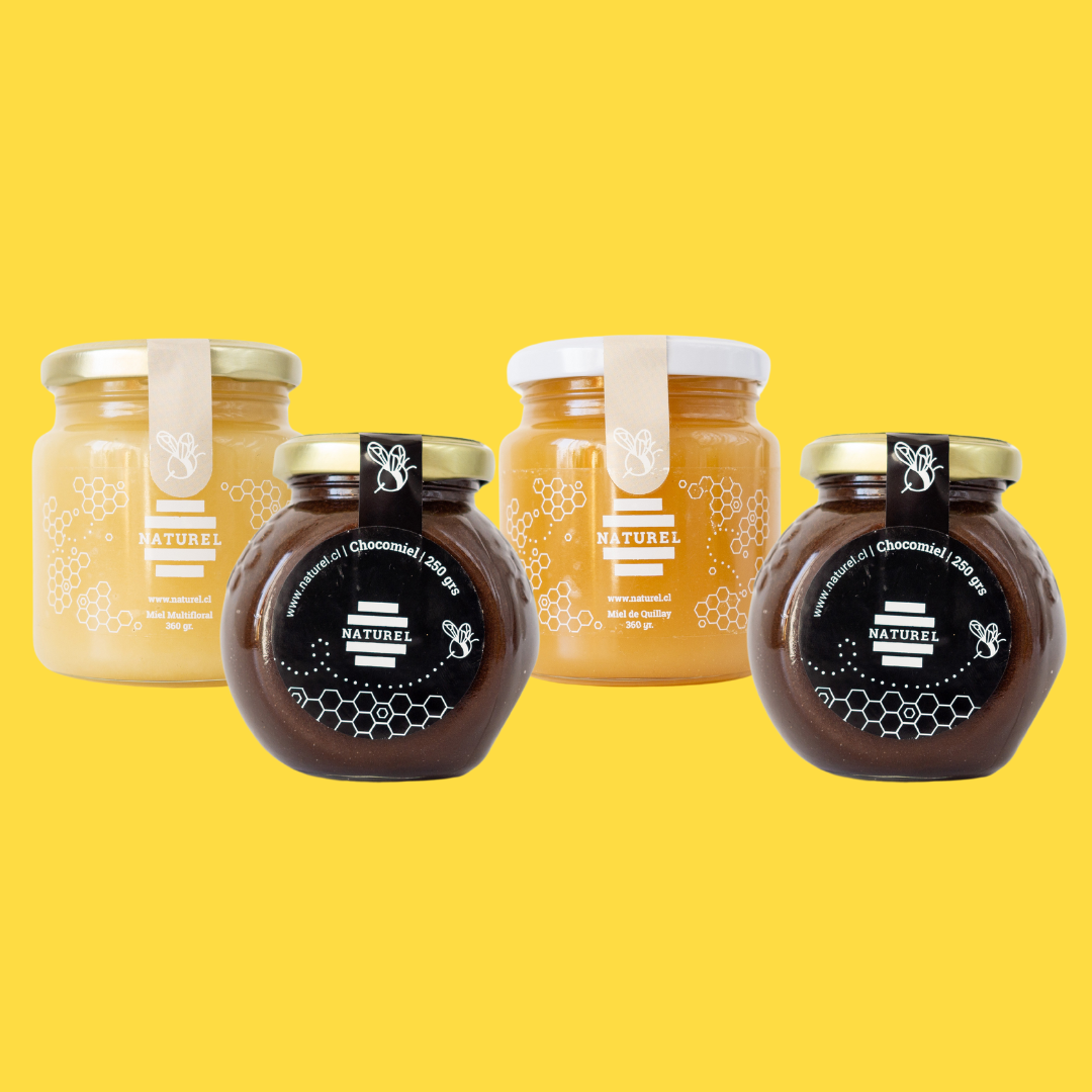 Miel Multifloral, miel de Quillay, crema de cacao con miel , chocomiel